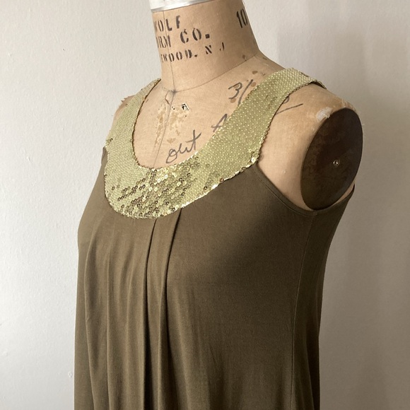 C Luce Gold Sequin T Shirt Dress | Olive Green Army | sz Small | A Line Belt - Picture 6 of 10